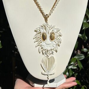 Vintage Alan Gold and White Enamel Lion Pendant Necklace